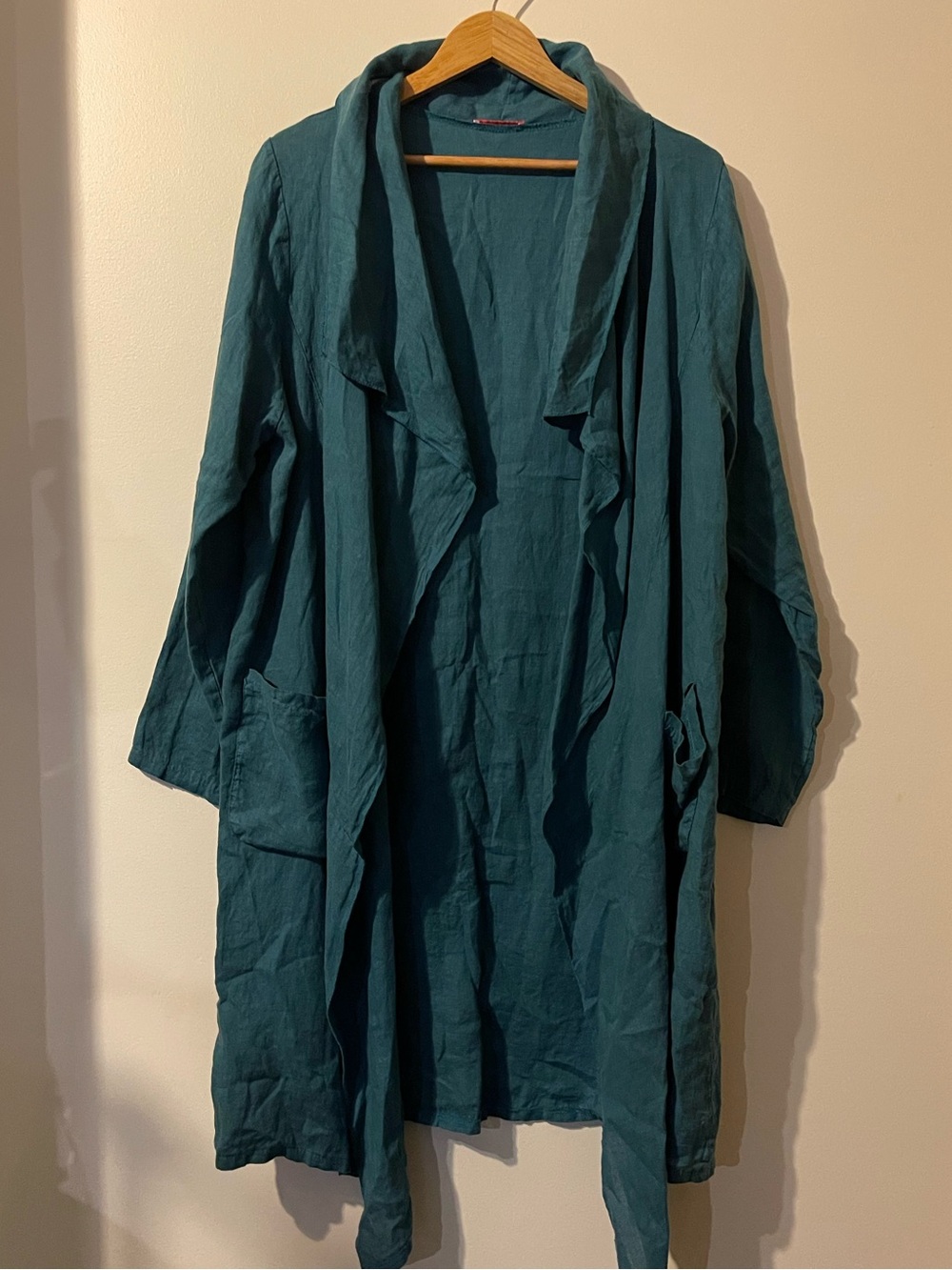 Talia Benson Linen Duster Jacket Open Front Waterfall Blue Teal Women Size XL